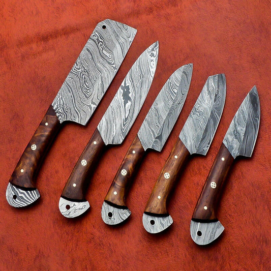 Set of 5 Damascus Kitchen Knife Set Damascus Steel Knife Set with Taali Wood Handles