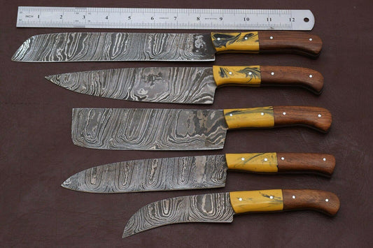 Set of 5 Damascus Steel Chef Knife Set Best Kitchen Knife Set With Pakka Wood Handles