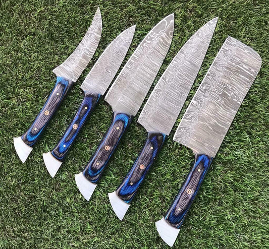 Set of 5 Damascus Steel Chef Knife Set Best Kitchen Knives Set With Walnut Wood Handle 
