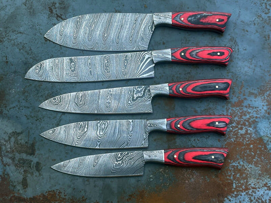 Set of 5 Damascus Steel Chef Knife Set Best Kitchen Knives Set with Custom Wooden Handles