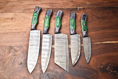 Set of 5 Damascus Steel Knife Set Great Kitchen Knife Set With Pakka Wood Handle 