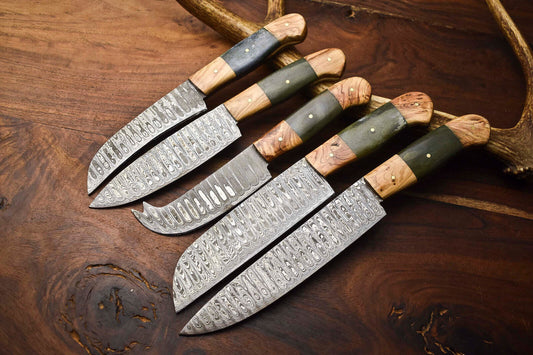 Set of 5 Hammered Damascus Steel Chef Knife Set Full Tang Custom Kitchen Blades