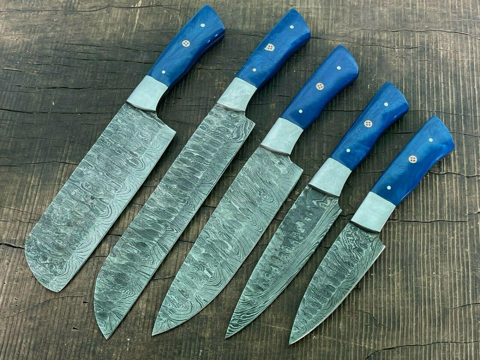 Set of 5 Hand Forged Best Damascus Knife Set With Pakka Wood Handle & Sheath