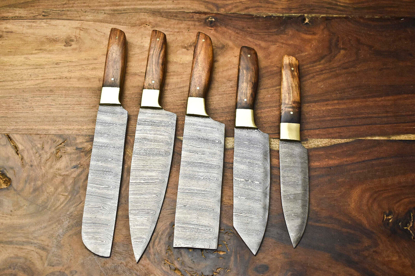 Set of 5 Handcrafted Hammered Damascus Steel Chef Knife Set Kitchen Knives