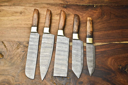 Set of 5 Handcrafted Hammered Damascus Steel Chef Knife Set Kitchen Knives