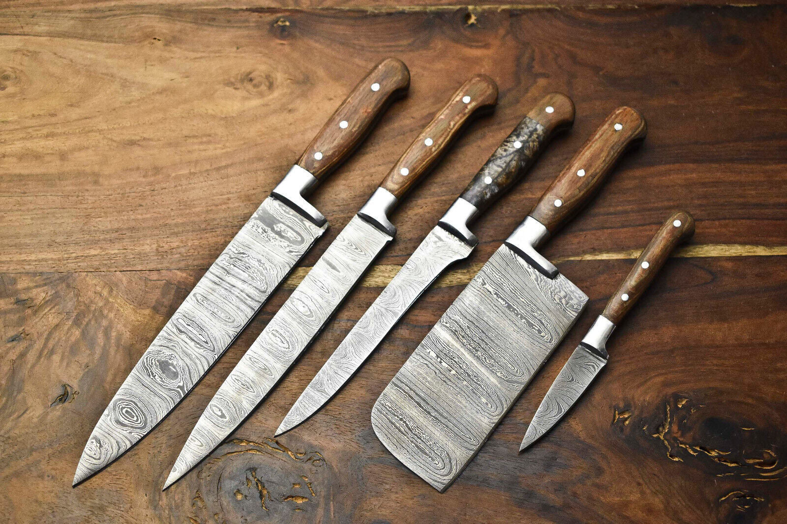 Set of 5 Handmade Damascus Chef Knife Set Best Kitchen Knife Set With Leather Sheath 