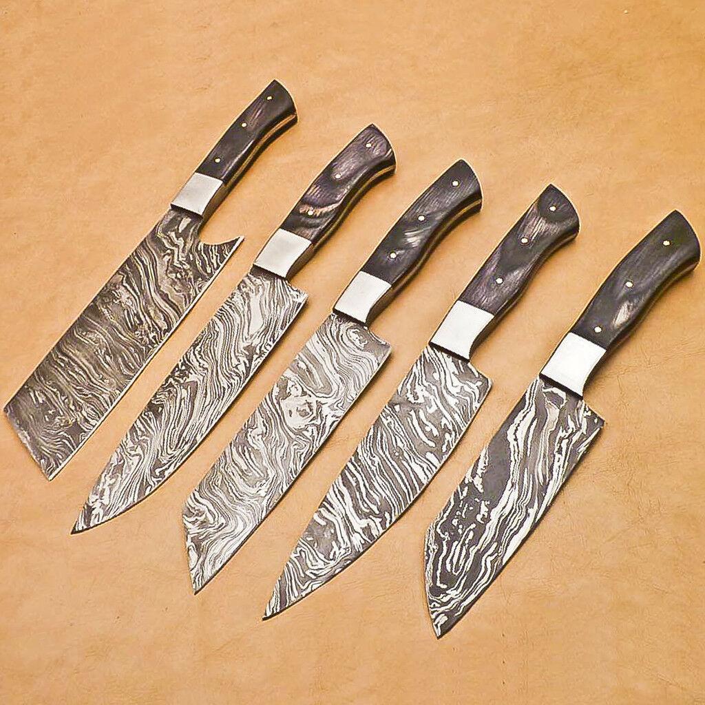 Set of 5 Handmade Damascus Chef Knife Set Best Kitchen Knife Set with Hardwood Handle