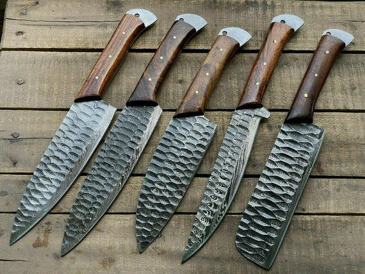 Set of 5 Handmade Damascus Chef Knife Set Best Kitchen Knives Set With Leather Sheath