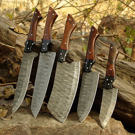 Set of 5 Handmade Damascus Chef Knife Set Premium Forged Kitchen Knives With Sheath