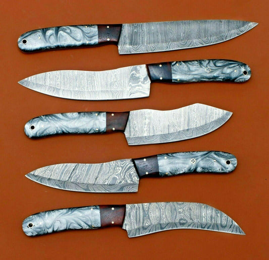Set of 5 Handmade Damascus Kitchen Knife Set Chef Knives With Resin Art Handles & Sheath