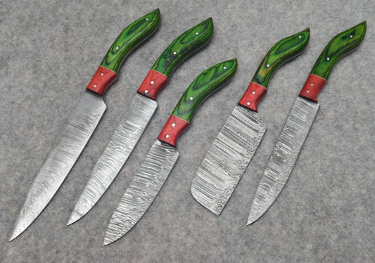 Set of 5 Handmade Damascus Kitchen Knife Set Chef Knives with Leather Roll