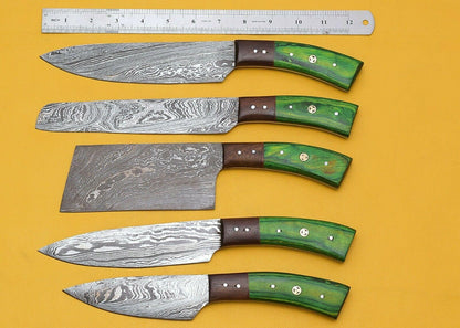 Set of 5 Handmade Damascus Kitchen Knife Set Chef Knives with Pakka Wood Handles
