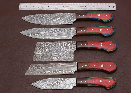 Set of 5 Handmade Damascus Kitchen Knife Set Chef Knives with Pakka Wood Handles & Sheath