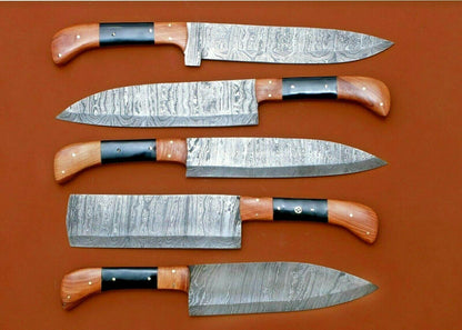 Set of 5 Handmade Damascus Kitchen Knife Set Chef Knives with Wood & Horn Handles 