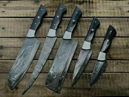 Set of 5 Handmade Damascus Kitchen Knife Set Damascus Steel Knife Set With Leather Sheath