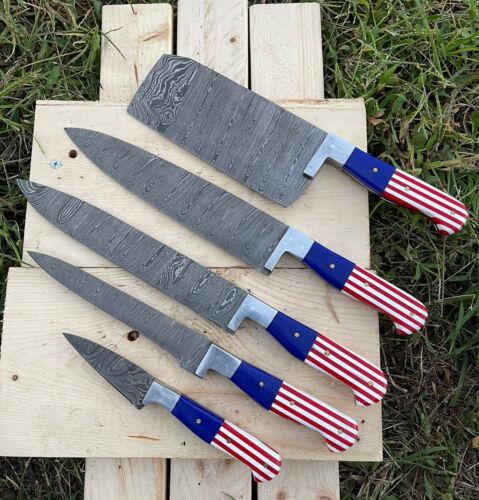Set of 5 Handmade Damascus Kitchen Knife Set With Leather Sheath for Professional Chefs