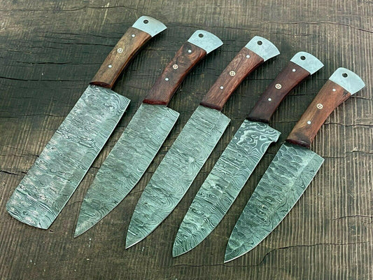 Set of 5 Handmade Damascus Kitchen Knife Set With Pakkawood Handle & Sheath