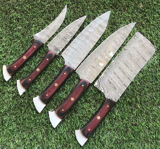Set of 5 Handmade Damascus Kitchen Knife Set best knife sets with Pakka wood Handle & Sheath