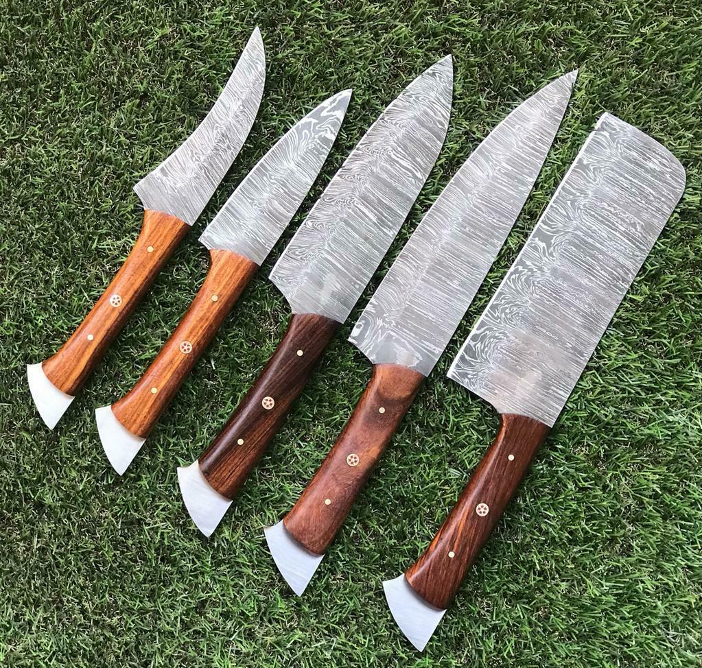Set of 5 Handmade Damascus Knife Set Best Damascus Chef Knife with Walnut Wood Handle
