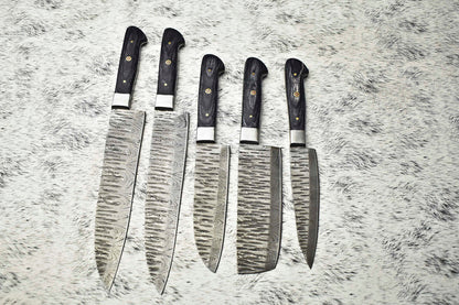 Set of 5 Handmade Damascus Knife Set Chef Knives With Pakka Wood Handle & Sheath