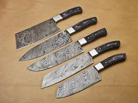 Set of 5 Handmade Damascus Steel Chef Knife Set Best Kitchen Knife Set With Sheath
