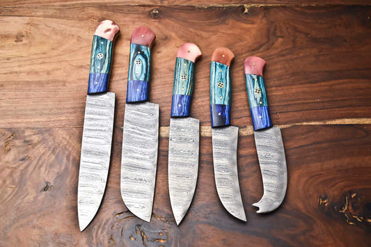Set of 5 Handmade Damascus Steel Chef Knife Set Damascus Steel Knives With Sheath