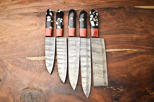 Set of 5 Handmade Damascus Steel Chef Knife Set Hammered Artisan Kitchen Knives