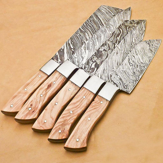 Set of 5 Handmade Damascus Steel Chef Knife Set Kitchen Knife Set With Leather Sheath