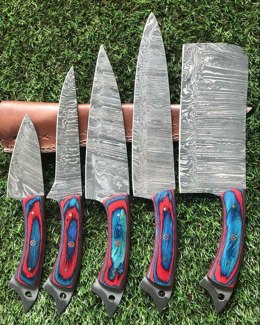 Set of 5 Handmade Damascus Steel Chef Knife Set Pakka Wood Handle Kitchen Knives
