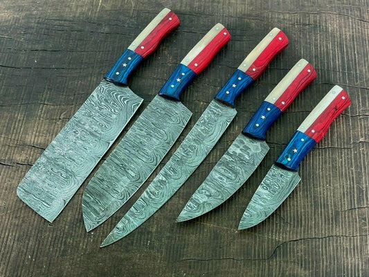 Set of 5 Handmade Damascus Steel Chef Knife Set With Pakka Wood Handle & Sheath  