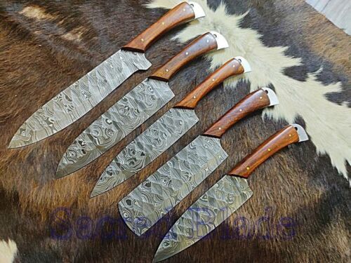 Set of 5 Handmade Damascus Steel Chef Knife Set Wood Handle Kitchen Knives W/Sheath
