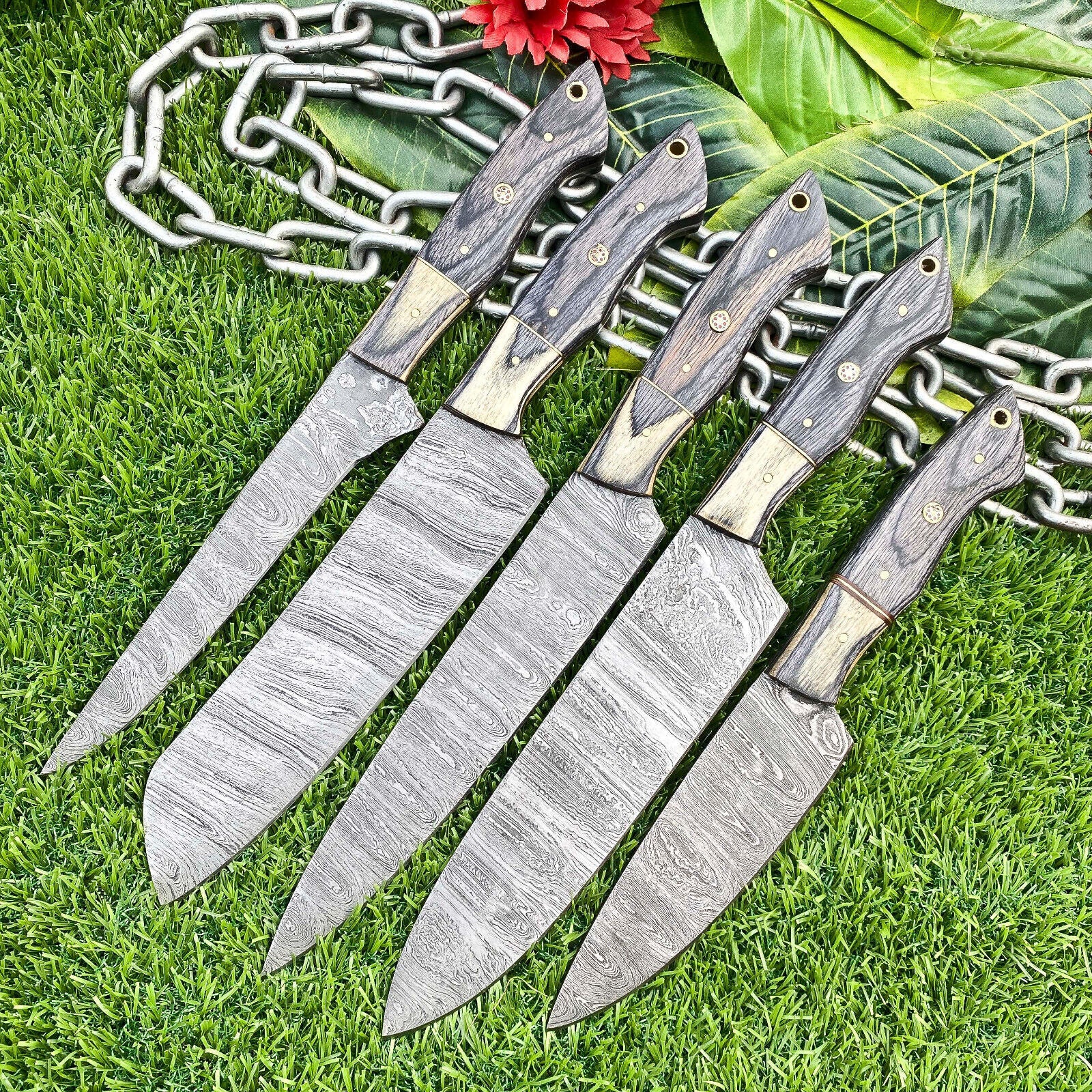 Set of 5 Handmade Damascus Steel Full Tang Chef Knife Set Best Damascus Knife Set