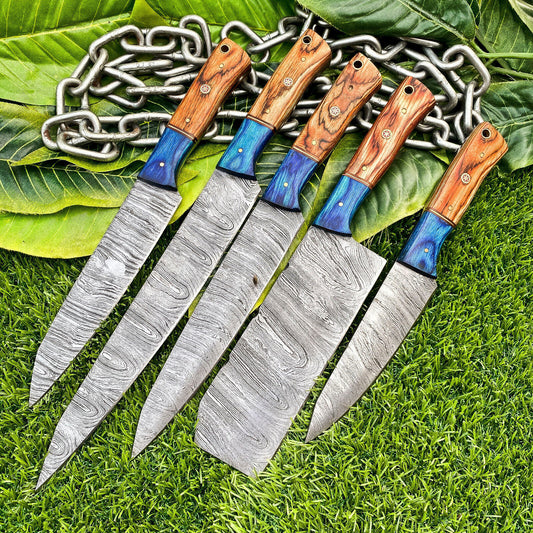 Set of 5 Handmade Damascus Steel Full Tang Chef Knife Set Hardwood Kitchen Knives