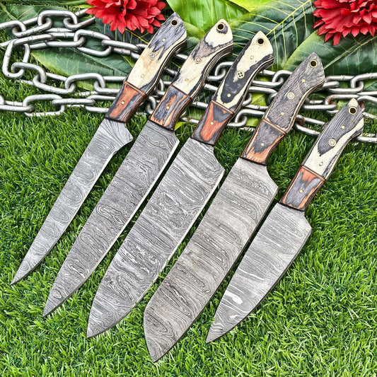 Set of 5 Handmade Damascus Steel Full Tang Chef Knife Set Kitchen Knives with Hardwood Handle
