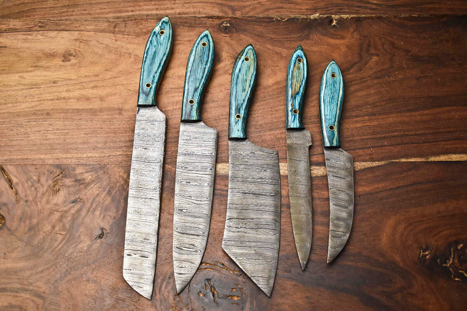 Set of 5 Handmade Damascus Steel Full Tang Chef Knives – Custom Forged Kitchen Cutlery
