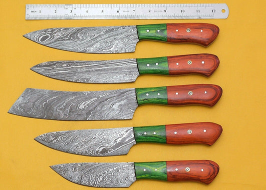 Set of 5 Handmade Damascus Steel Kitchen Knife Set With Pakka Wood Handle & Sheath