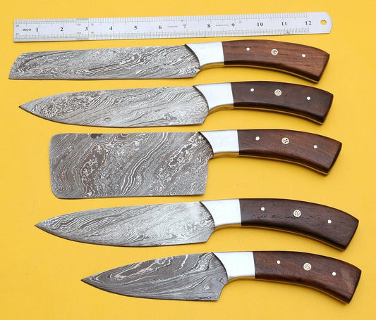 Set of 5 Handmade Damascus Steel Kitchen Knife Set With Rose Wood Handle & Sheath