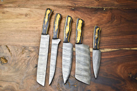 Set of 5 Handmade Damascus Steel Knife Set Best Kitchen Knife Set With Leather Sheath