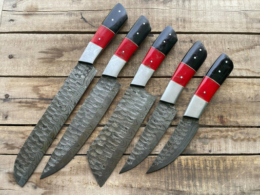 Set of 5 Handmade Damascus Steel Knife Set Best Kitchen Knives Set With Leather Sheath