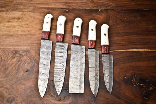 Set of 5 Handmade Damascus Steel Knife Set Damascus Kitchen Knife Set With Sheath