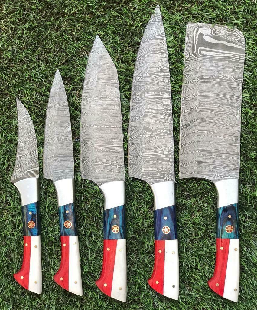 Set of 5 Handmade Damascus Steel Knife Set Great Kitchen Knife Set with Pakkawood Handle