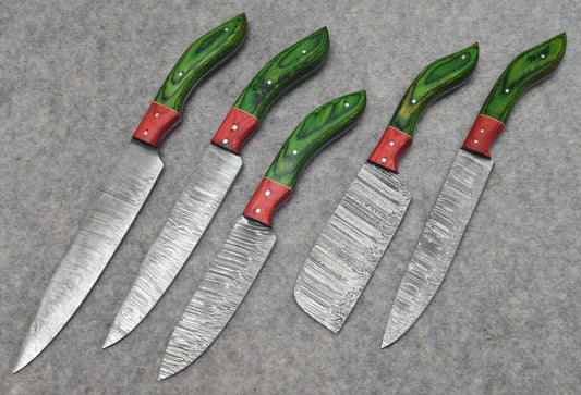 Set of 5 Handmade Damascus Steel Knife Set With Pakka Wood Handle & Leather Sheath