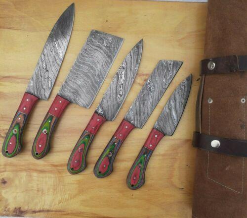 Set of 5 Handmade Damascus Steel Knife Set for Professional Chefs with Leather Sheath