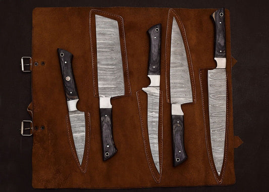 Set of 5 Handmade Damascus Steel Knives Set with Hardwood Handle & Leather Sheath