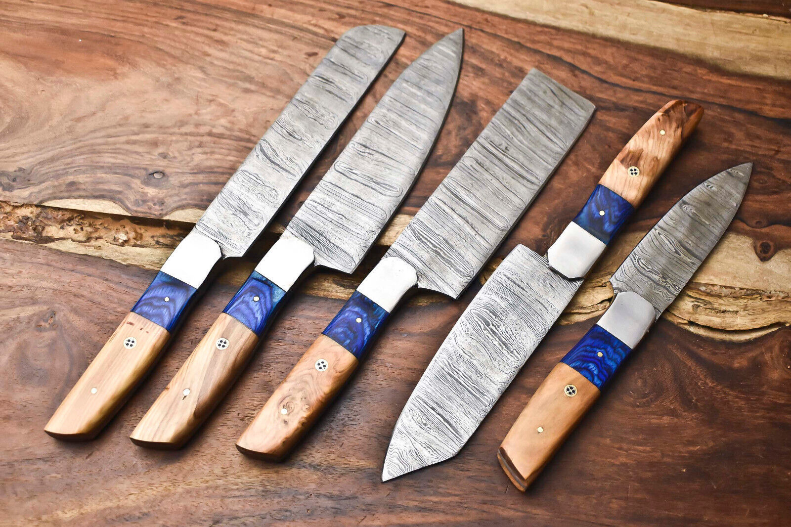 Set of 5 Handmade Full Tang Damascus Steel Chef Knives – Professional Kitchen Knife Set