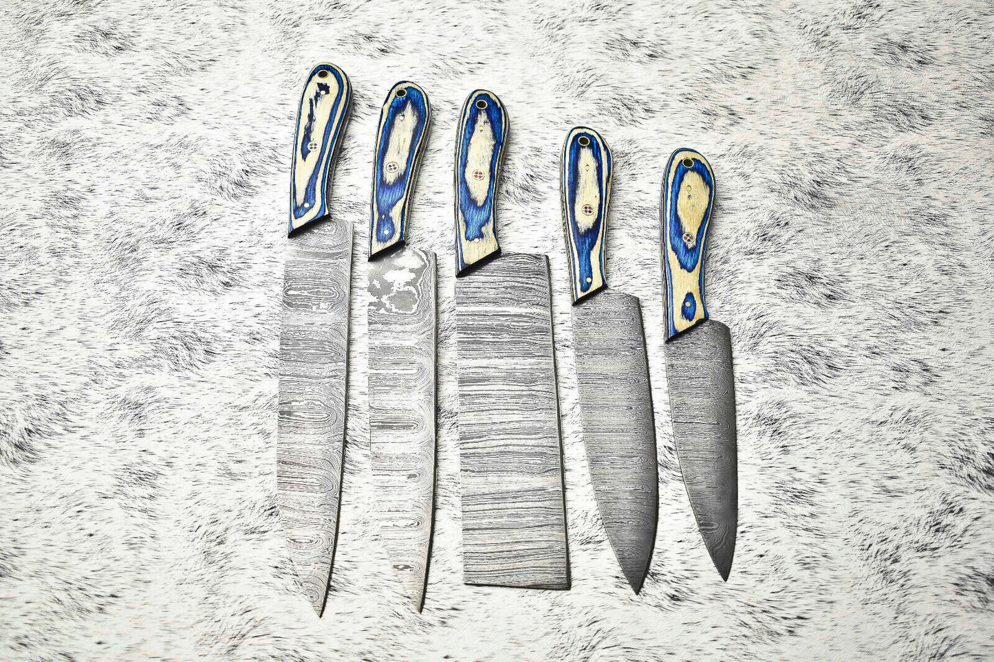 Set of 5 Handmade Hammered Damascus Knife Set Chef Knives With Leather Sheath