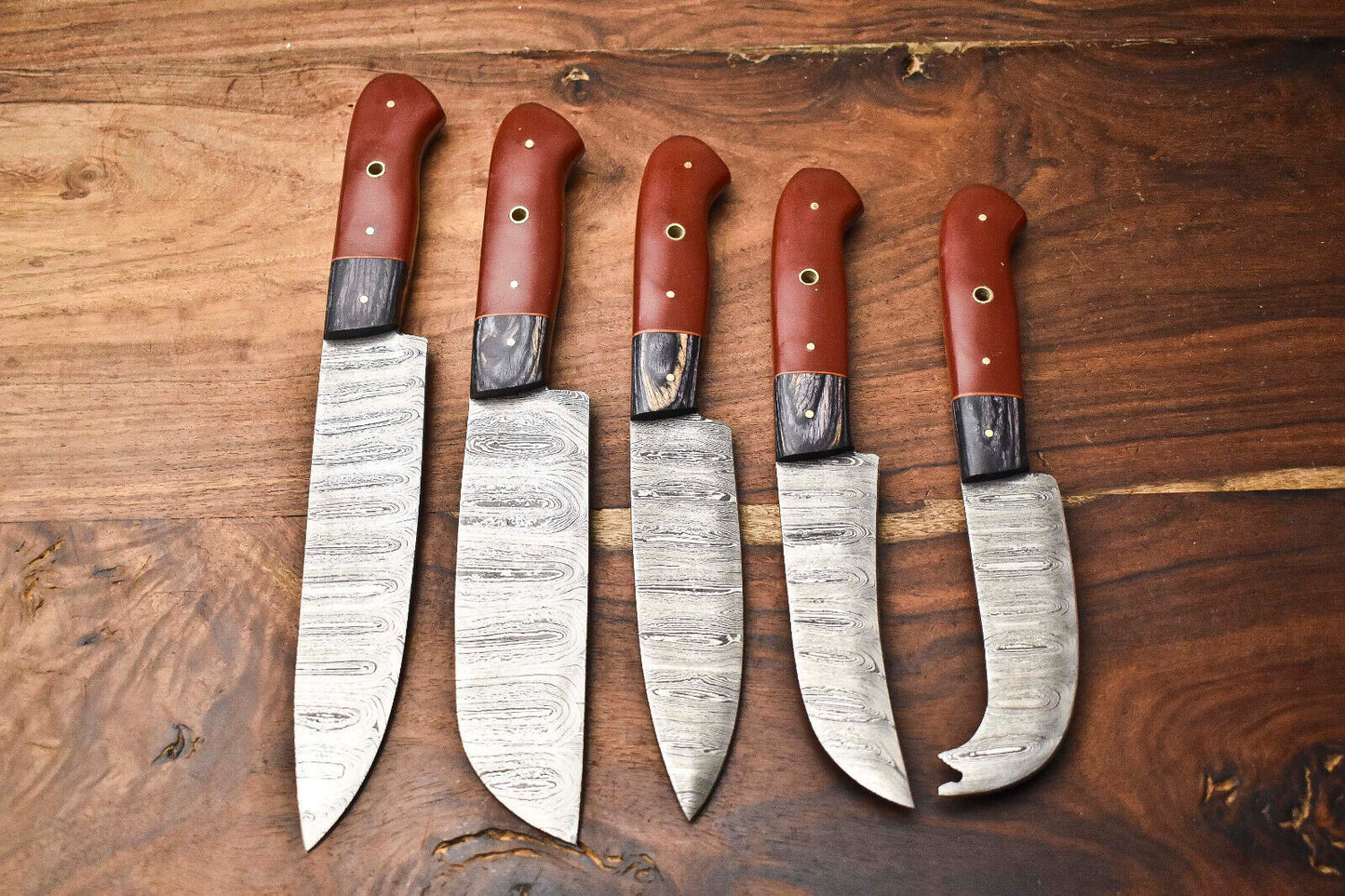 Set of 5 Handmade Hammered Damascus Steel Best Chef Knife Set With Leather Sheath