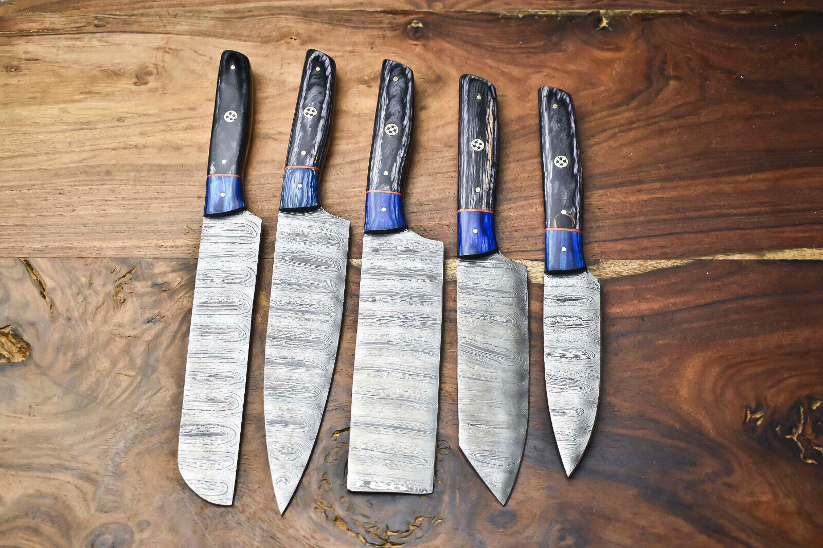 Set of 5 Handmade Hammered Damascus Steel Chef Knife Set Full Tang 