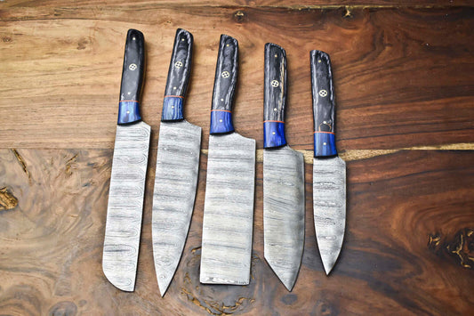 Set of 5 Handmade Hammered Damascus Steel Chef Knife Set Full Tang 