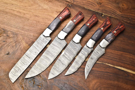 Set of 5 Handmade Hammered Damascus Steel Chef Knife Set Professional Kitchen Knives